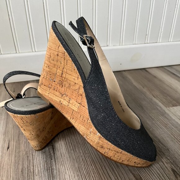 Tahari Taylor Canvas and Cork Peep Toe Platform Slingback Wedge Heels, Size 8.5 - Picture 2 of 7